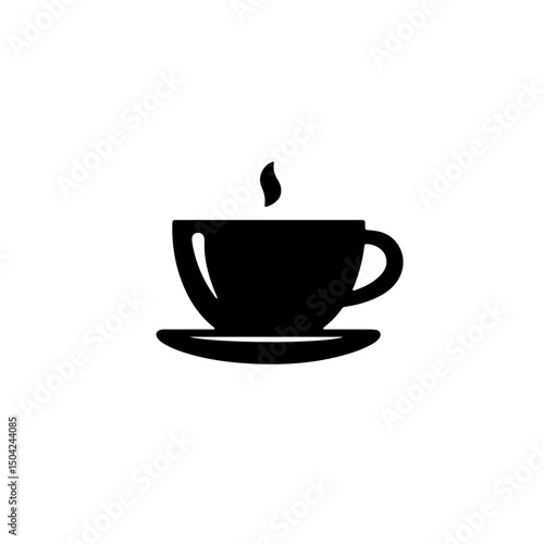 Minimal black vector icon of a coffee cup with steam on a saucer.
