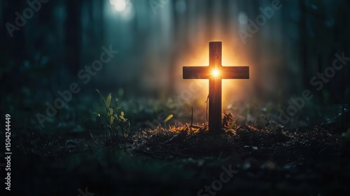 Wooden Christian cross glowing with sacred light in misty forest, symbol of deep faith
