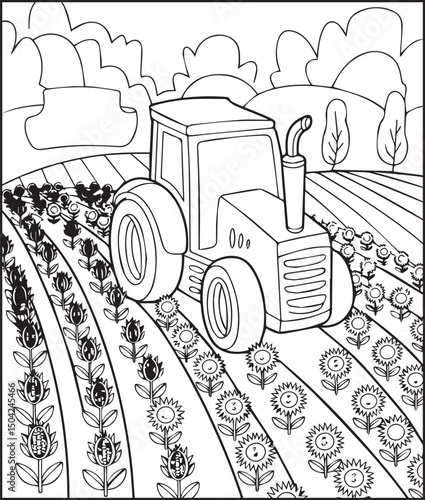 Tractor in the land coloring page activity book for kids, line art vector for design elements 
