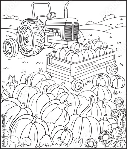 Tractor coloring page activity book for kids, line art vector for design elements 
