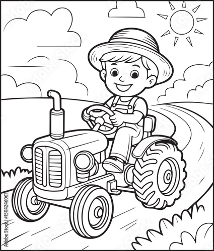 Cute boy with tractor in field coloring page activity book for kids, line art vector for design elements 

