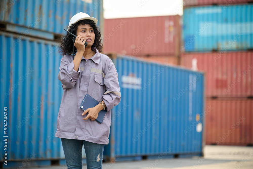 Fototapeta premium Engineer or worker using walkie talkie and talking about work in containers warehouse storage