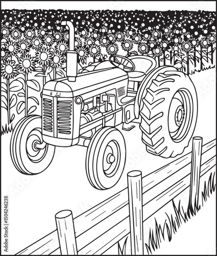 Tractor coloring page activity book for kids, line art vector for design elements 
