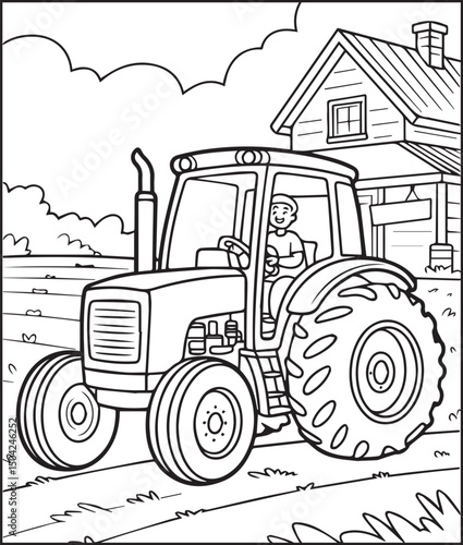 Cute boy with tractor in field coloring page activity book for kids, line art vector for design elements 
