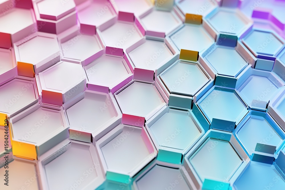 Colorful light reflects off the surface of elevated hexagonal shapes creating an abstract background Colorful light reflects off the surface of elevated hexagonal shapes creating an abstract background