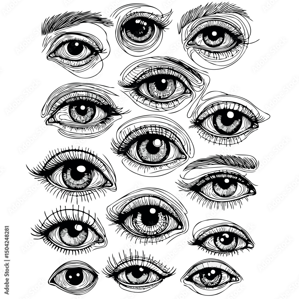 Obraz premium Adobe Illustrator Artwork Set of female eyes. Hand drawn illustration isolated on white background. Collection of women's eyes. Different types of eyes. 
