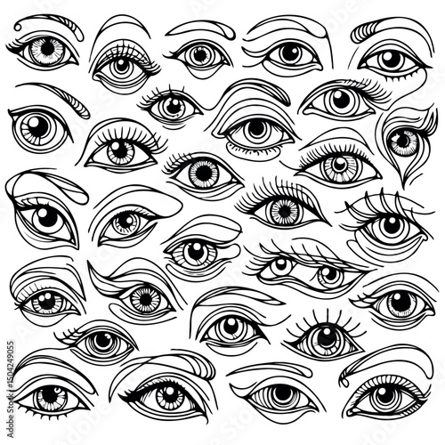 Adobe Illustrator Artwork Set of female eyes. Hand drawn illustration isolated on white background. Collection of women's eyes. Different types of eyes. 