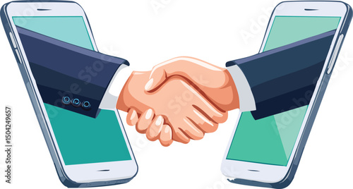 Isolated hands shaking through smartphone screens