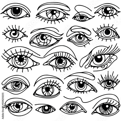 Adobe Illustrator Artwork Set of female eyes. Hand drawn illustration isolated on white background. Collection of women's eyes. Different types of eyes. 