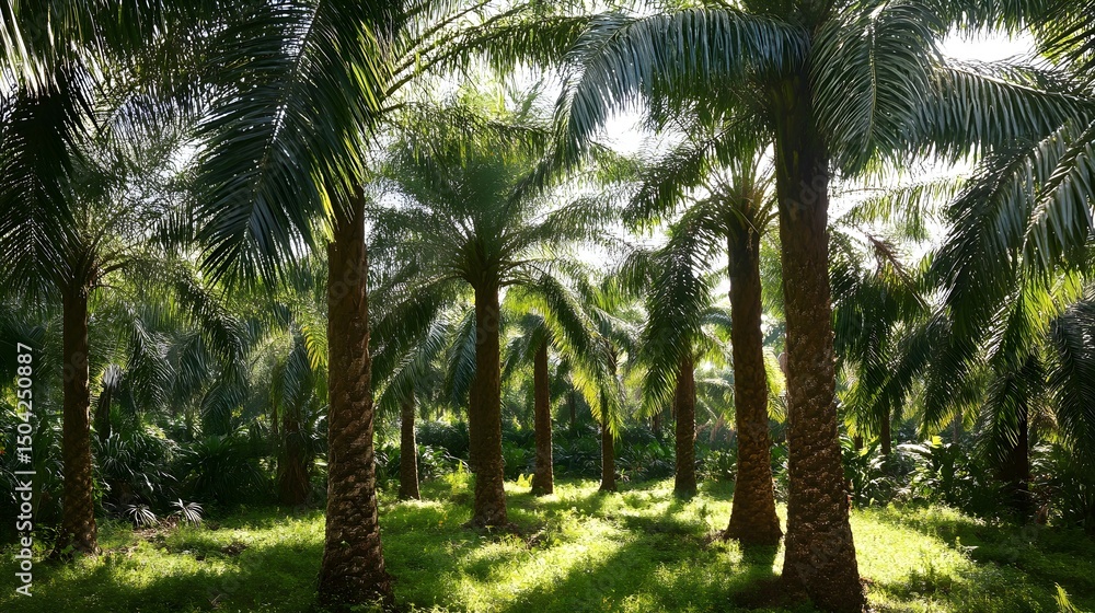 Obraz premium Lush green palm oil plantation sunny day