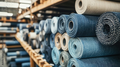 Stacked Rolls of Denim Fabric in Textile Warehouse Environment