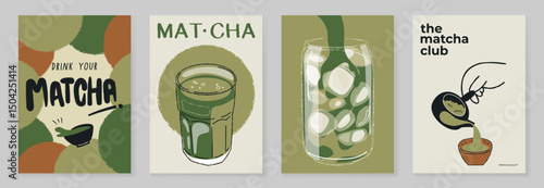 Matcha drinks poster design vector set. collection wallpaper with matcha latte, purematcha, hot green tea. Illustration for promotion, marketing, package, ads.