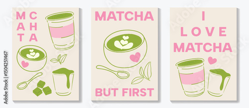 Matcha drinks poster design vector set. collection wallpaper with matcha latte, purematcha, hot green tea. Illustration for promotion, marketing, package, ads.