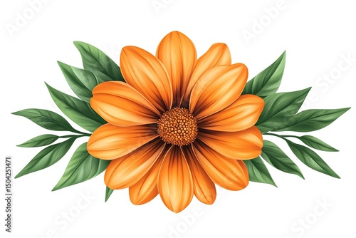 Vibrant orange flower with detailed petals is surrounded by lush green leaves on white