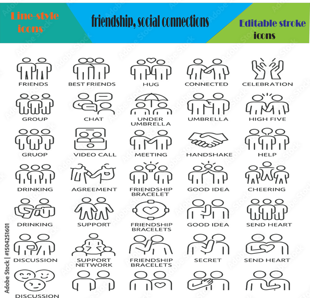 Fototapeta premium Line Style Icons Friendship, Social Connections, and Teamwork Illustrations