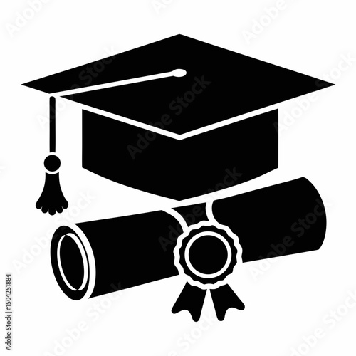 Academic Success Graduation Cap and Diploma vector Icon.