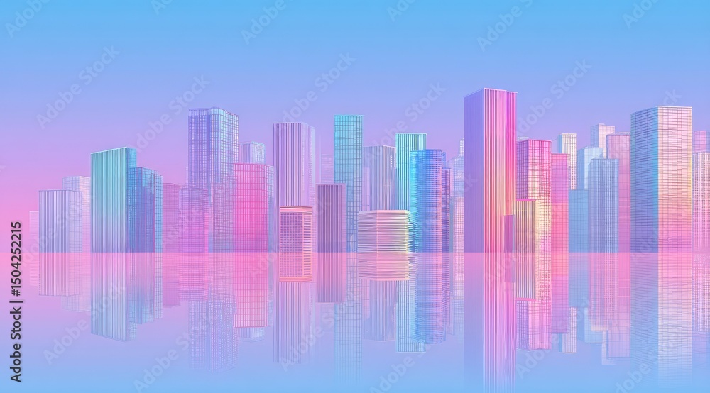 Pastel-hued cityscape reflected in a calm, hazy body of water at dawn or dusk, showcasing a range of building heights and soft, vibrant colors Pastel-hued cityscape reflected in a calm, hazy body of water at dawn or dusk, showcasing a range of building heights and soft, vibrant colors