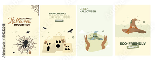 Handcrafted Green Halloween Eco-Conscious Decoration Design poster Collection. eco-Halloween design set. sustainable celebration elements. Responsible halloween concept.Flat style. Vector illustration