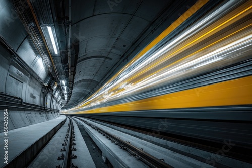Wallpaper Mural High-speed train streaks through a dimly lit, curving subway tunnel, leaving bright yellow and white motion trails.  Concrete walls and tracks are visible Torontodigital.ca