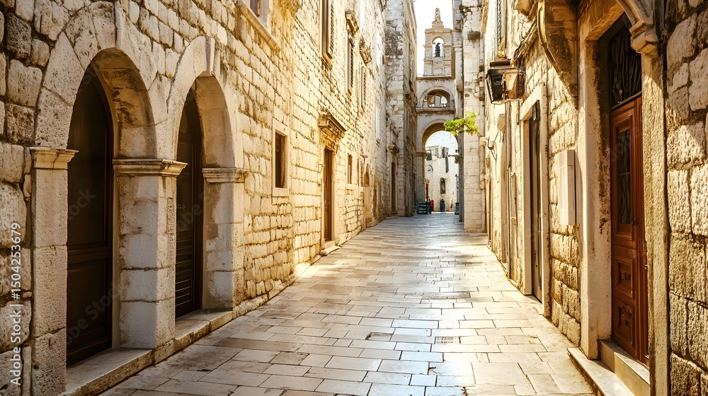 Fototapeta premium Charming old town alleyway sunlit stone buildings