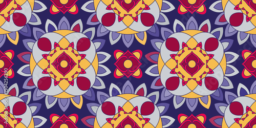 Seamless pattern with traditional Indian floral ornament for fabric swatch or wrapping paper. Vector abstract kaleidoscopic background