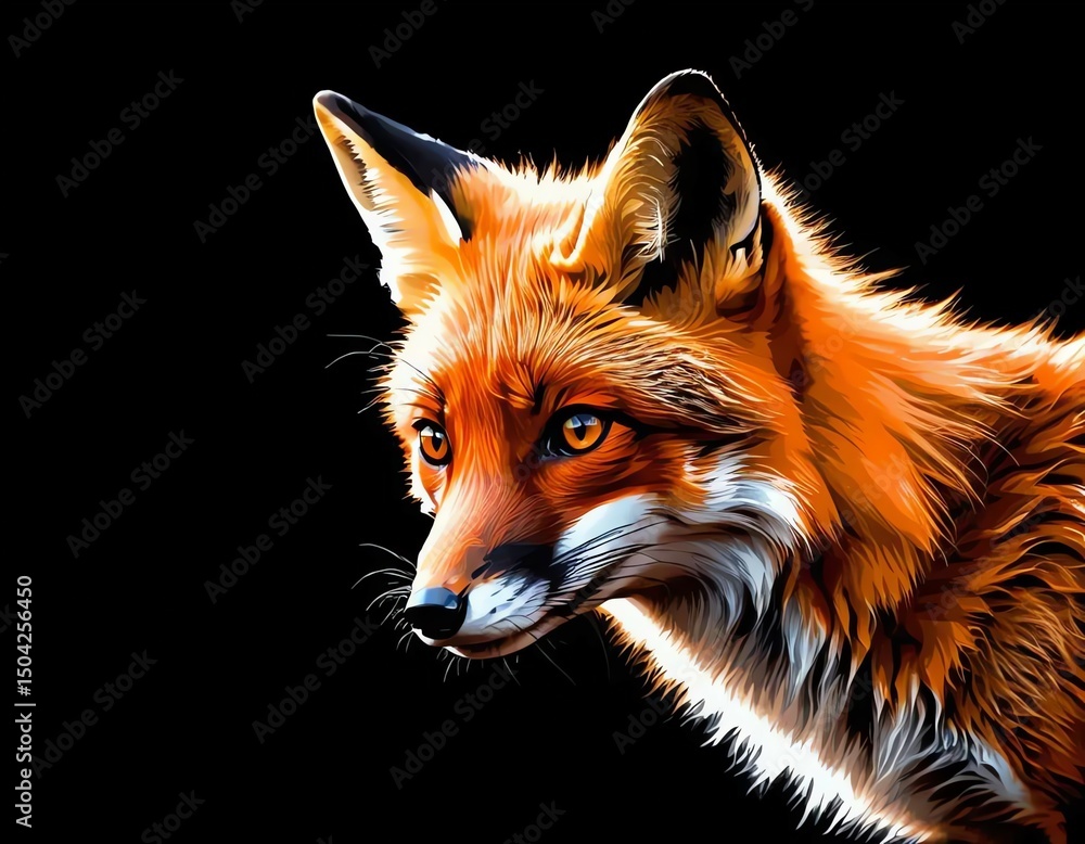 Obraz premium wild fox standing isolated on black background, red fox animal in alert pose, beautiful fox with bushy tail 