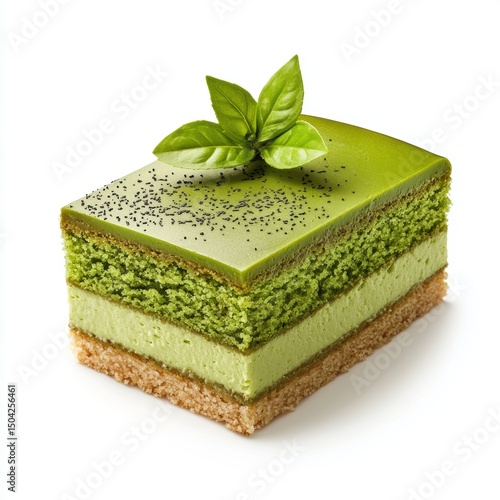 Delicious layered green tea matcha cake with fresh basil leaves and black sesame seeds on top, showcasing multiple textures and vibrant color contrast
