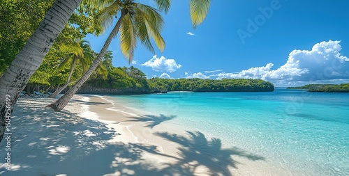 Tropical beach with palm trees and clear blue water on a sunny day. 