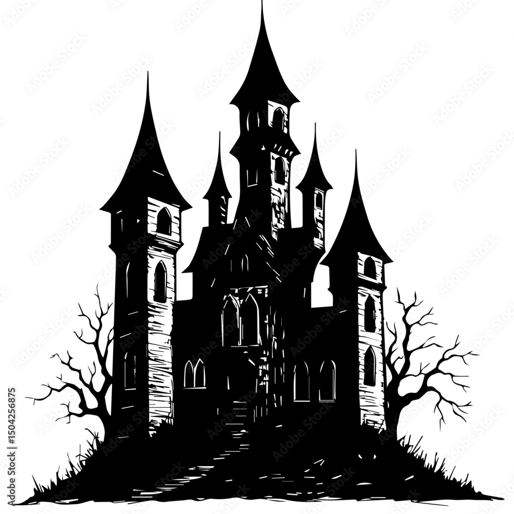 Obraz premium Spooky Halloween graveyard scene with bare trees and tombstones. Halloween illustration features dark silhouettes of spooky trees and old tombstones. This Halloween graveyard scene is perfect for part