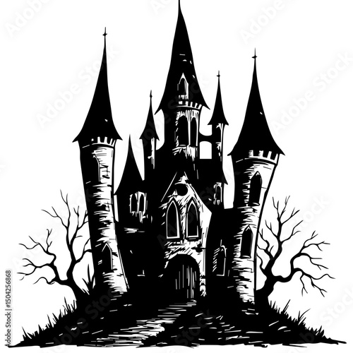 Spooky Halloween graveyard scene with bare trees and tombstones. Halloween illustration features dark silhouettes of spooky trees and old tombstones. This Halloween graveyard scene is perfect for part