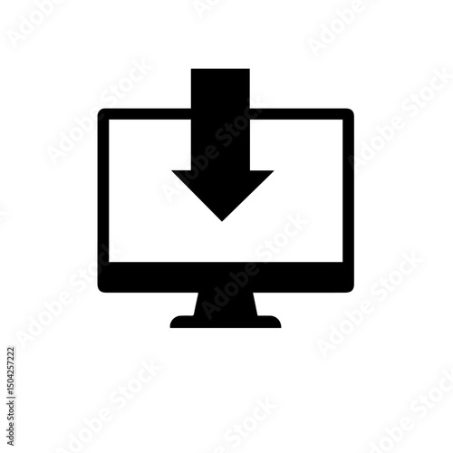 Downloading file icon on computer screen. Simple download arrow points down to display. Digital download process shown for website or app interface. This simple download image is perfect for software