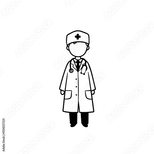 Cute doctor character illustration. Simple line art doctor wearing coat and stethoscope. This medical illustration is perfect for children's books, healthcare websites, or medical announcements.