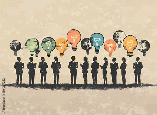 Group of diverse professionals with colorful lightbulbs signifying innovative ideas.