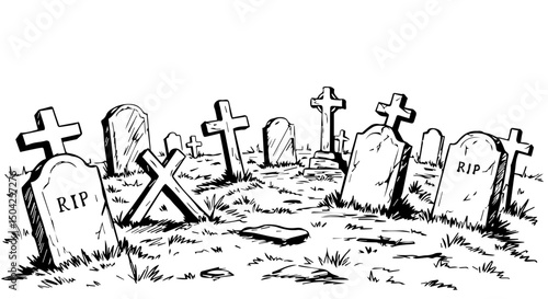 Halloween graveyard scene with tombstones and crosses. Spooky Halloween illustration features various grave markers in overgrown graveyard. This Halloween illustration is perfect for spooky invitation