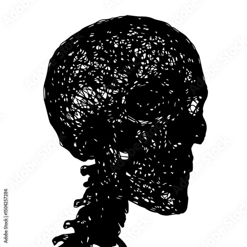 Intricate skull design, detailed human anatomy, skeletal structure shown in profile view.  Elegant black and white skull graphic perfect for Halloween decorations, medical illustrations, or gothic sty