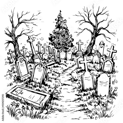 Halloween graveyard scene with tombstones and trees. Spooky illustration of old cemetery with crosses and tombstones for Halloween decorations.  Graveyard scene perfect for Halloween invitations, card