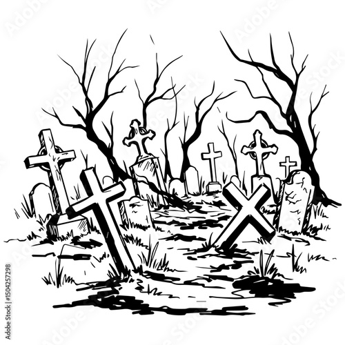 Spooky graveyard scene with tombstones and crosses. Halloween themed illustration features weathered crosses and tombstones among bare trees. Graveyard illustration perfect for Halloween cards invitat