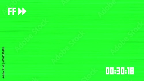 VHS tape fast forward arrows icon symbol effect on 4k green backdrop Film overlay animation with chroma key with time code on screen retro vintage
