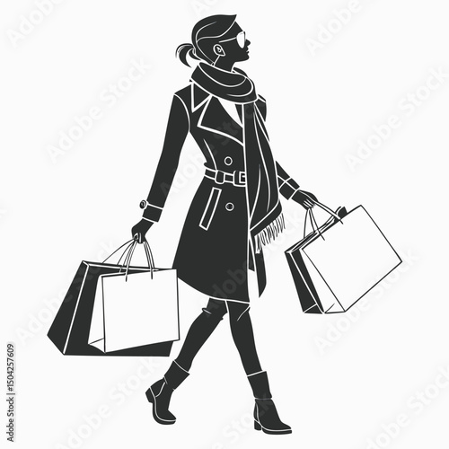 Stylish woman silhouette carrying shopping bags in a trench coat