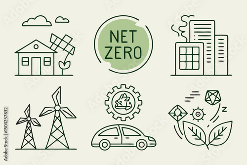 Net zero outline icons renewable energy environment sustainability initiatives solutions