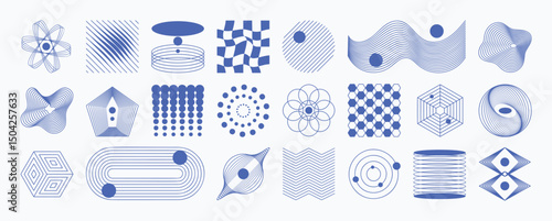 Abstract minimal element mid century vector set. Aesthetic contemporary stripe line art, geometric shape in blue. Art form design for wall art, decoration, wallpaper. 