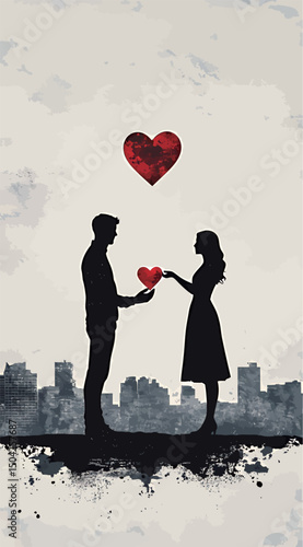 Silhouetted couple exchanging a heart, symbolizing love and connection.