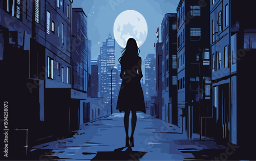 A silhouette of a woman walks through a moonlit urban street at night.