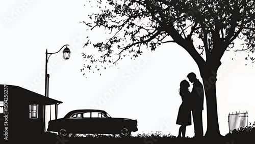 Silhouette of a romantic couple under a tree by an old car at sunset.