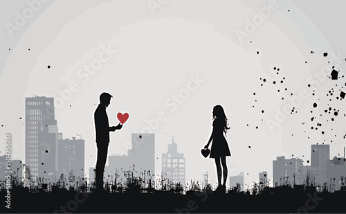 Romantic silhouette of a man proposing to a woman with city skyline backdrop.