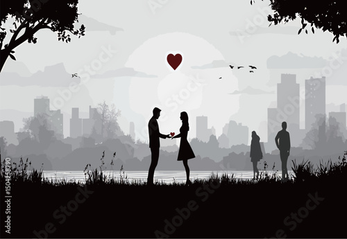 Silhouette of a couple exchanging a heart in a romantic park setting.