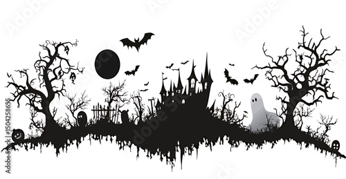 Spooky Halloween silhouette featuring a haunted castle and eerie trees.
