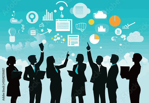 Silhouettes of diverse professionals collaborating on innovative ideas and concepts.