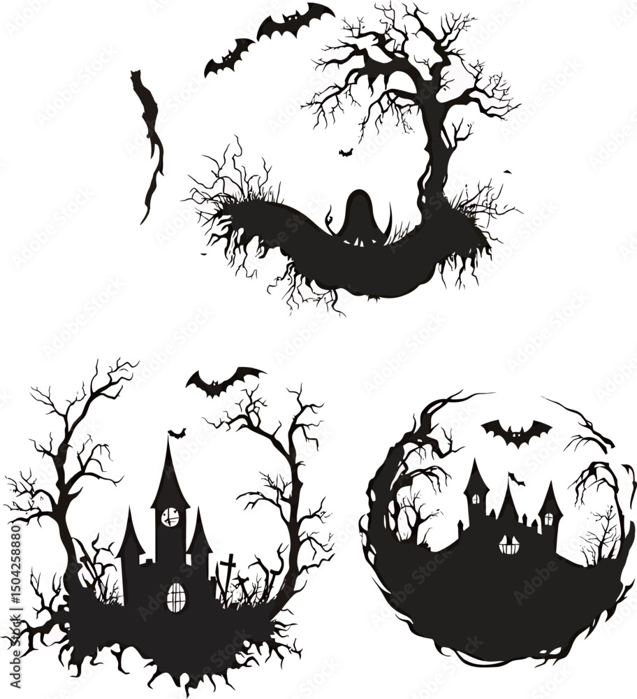 Fototapeta premium Haunting silhouettes of spooky castles and bats for Halloween decoration.