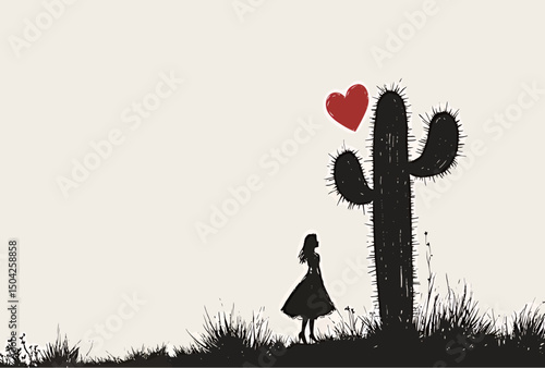 Silhouette of a girl admiring a cactus with a heart, showcasing love for nature.